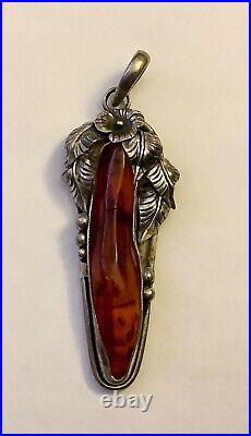 VTG Native American Navajo sterling silver Amber Pendant PEYOTE FLOWER LEAVES