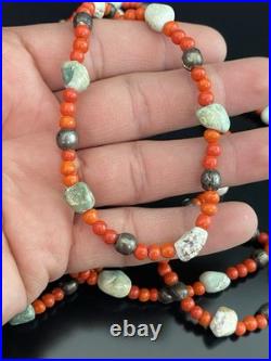 VTG Native American Sterling Beads with Turquoise Nugget & Red Beads Necklace