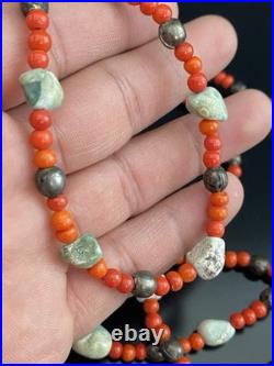 VTG Native American Sterling Beads with Turquoise Nugget & Red Beads Necklace