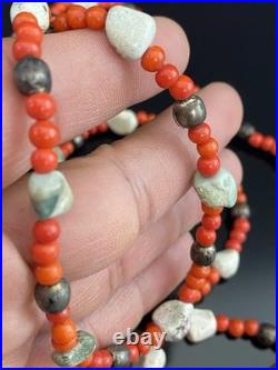 VTG Native American Sterling Beads with Turquoise Nugget & Red Beads Necklace