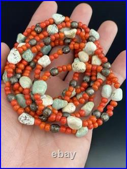 VTG Native American Sterling Beads with Turquoise Nugget & Red Beads Necklace