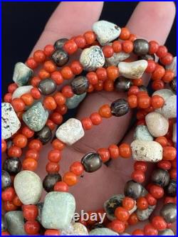 VTG Native American Sterling Beads with Turquoise Nugget & Red Beads Necklace