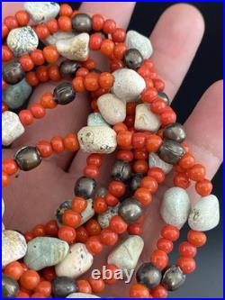 VTG Native American Sterling Beads with Turquoise Nugget & Red Beads Necklace