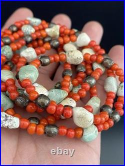 VTG Native American Sterling Beads with Turquoise Nugget & Red Beads Necklace