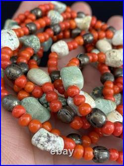 VTG Native American Sterling Beads with Turquoise Nugget & Red Beads Necklace