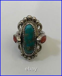 VTG Native American Sterling Silver Ring with Turquoise & Coral Stones. Size 6