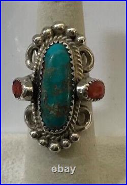 VTG Native American Sterling Silver Ring with Turquoise & Coral Stones. Size 6