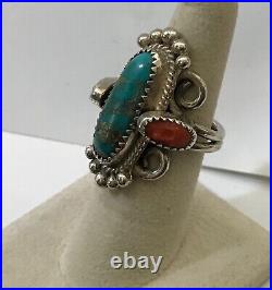 VTG Native American Sterling Silver Ring with Turquoise & Coral Stones. Size 6