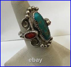 VTG Native American Sterling Silver Ring with Turquoise & Coral Stones. Size 6 VTG Native American Sterling Silver Ring with Turquoise & Coral Stones. Size 6