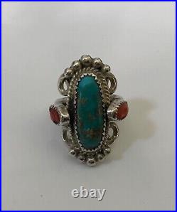 VTG Native American Sterling Silver Ring with Turquoise & Coral Stones. Size 6