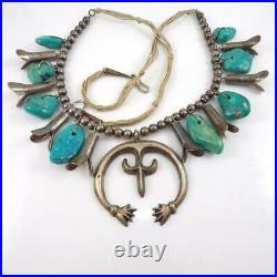 VTG Native American Sterling Silver Squash Blossom Turquoise Necklace 24 LFL4