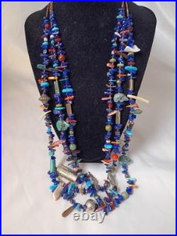 VTG Native American Triple Strand Turquoise Lapis Lazuli Necklace