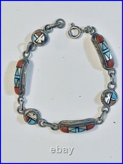 VTG Native American ZUNI STERLING SILVER Turquoise Coral MOP Bracelet SZ 7.75-8