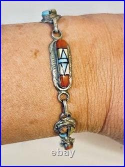 VTG Native American ZUNI STERLING SILVER Turquoise Coral MOP Bracelet SZ 7.75-8