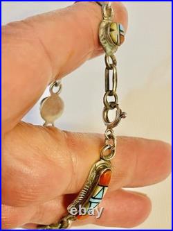 VTG Native American ZUNI STERLING SILVER Turquoise Coral MOP Bracelet SZ 7.75-8
