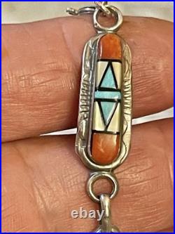 VTG Native American ZUNI STERLING SILVER Turquoise Coral MOP Bracelet SZ 7.75-8
