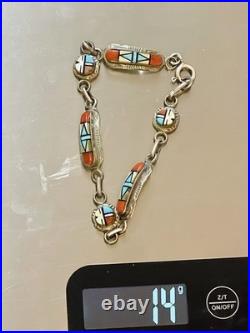 VTG Native American ZUNI STERLING SILVER Turquoise Coral MOP Bracelet SZ 7.75-8