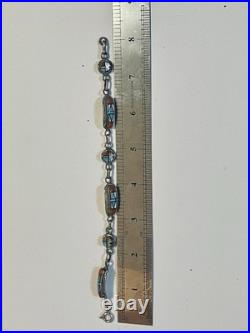 VTG Native American ZUNI STERLING SILVER Turquoise Coral MOP Bracelet SZ 7.75-8