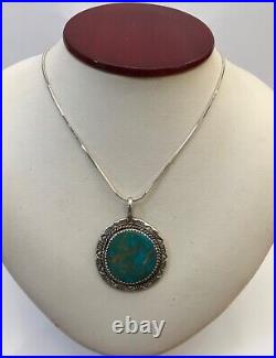 VTG Navajo Artist PM Signed Sterling Silver Lg Turquoise Pendant & 24 Chain