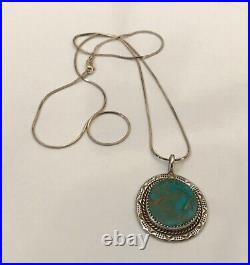 VTG Navajo Artist PM Signed Sterling Silver Lg Turquoise Pendant & 24 Chain