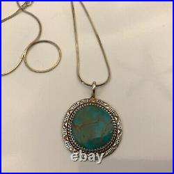 VTG Navajo Artist PM Signed Sterling Silver Lg Turquoise Pendant & 24 Chain