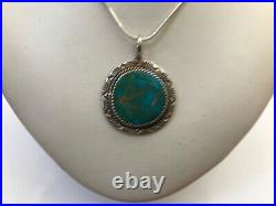 VTG Navajo Artist PM Signed Sterling Silver Lg Turquoise Pendant & 24 Chain