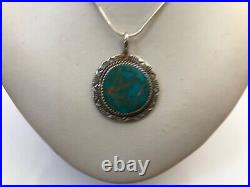 VTG Navajo Artist PM Signed Sterling Silver Lg Turquoise Pendant & 24 Chain