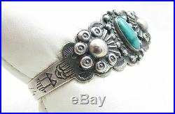 VTG Navajo Fred Harvey Era Turquoise Symbol Stamped IH Coin Silver Cuff Bracelet