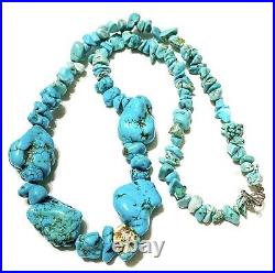 VTG Navajo Old Pawn 925 Turquoise Nuggets Bead Necklace, Handmade 21 61g