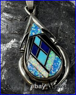 VTG Navajo Pete Sanchez Isleta Sterling Silver Multi-Gemstone Inlay Pendant