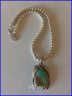 VTG Navajo Turquoise Pendant & Sterling Silver Bead Necklace 925 Justin Morris
