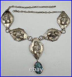 VTG. STERLING TURQUOISE NATIVE AMERICAN CAROL FELLEY PUEBLO DOLL NECKLACE 116 Gr