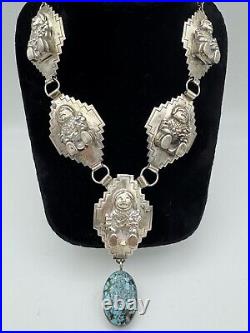 VTG. STERLING TURQUOISE NATIVE AMERICAN CAROL FELLEY PUEBLO DOLL NECKLACE 116 Gr