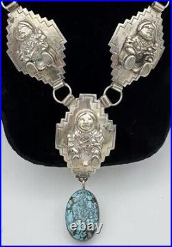 VTG. STERLING TURQUOISE NATIVE AMERICAN CAROL FELLEY PUEBLO DOLL NECKLACE 116 Gr