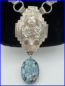 VTG. STERLING TURQUOISE NATIVE AMERICAN CAROL FELLEY PUEBLO DOLL NECKLACE 116 Gr