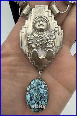 VTG. STERLING TURQUOISE NATIVE AMERICAN CAROL FELLEY PUEBLO DOLL NECKLACE 116 Gr