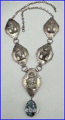 VTG. STERLING TURQUOISE NATIVE AMERICAN CAROL FELLEY PUEBLO DOLL NECKLACE 116 Gr