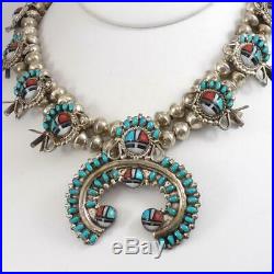 VTG Sterling Silver Squash Blossom Zuni Sunface Turquoise Necklace 28 LFL4