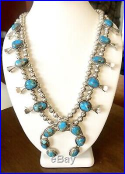 VTG Sterling Silver Turquoise Navajo Squash Blossom Bench Bead 26 Necklace