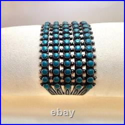VTG ZUNI Antique Sterling Silver Stamped 5 Row SN EYES Turquoise Cuff Large
