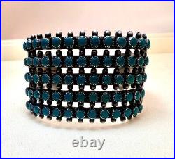 VTG ZUNI Antique Sterling Silver Stamped 5 Row SN EYES Turquoise Cuff Large