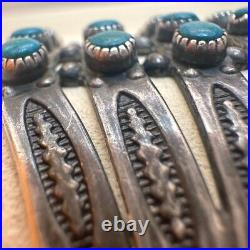 VTG ZUNI Antique Sterling Silver Stamped 5 Row SN EYES Turquoise Cuff Large