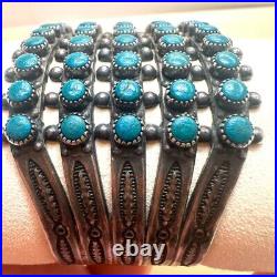 VTG ZUNI Antique Sterling Silver Stamped 5 Row SN EYES Turquoise Cuff Large