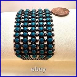 VTG ZUNI Antique Sterling Silver Stamped 5 Row SN EYES Turquoise Cuff Large