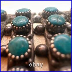 VTG ZUNI Antique Sterling Silver Stamped 5 Row SN EYES Turquoise Cuff Large