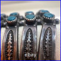 VTG ZUNI Antique Sterling Silver Stamped 5 Row SN EYES Turquoise Cuff Large