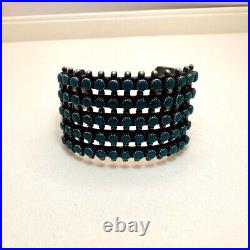 VTG ZUNI Antique Sterling Silver Stamped 5 Row SN EYES Turquoise Cuff Large