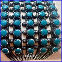 VTG ZUNI Antique Sterling Silver Stamped 5 Row SN EYES Turquoise Cuff Large