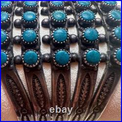 VTG ZUNI Antique Sterling Silver Stamped 5 Row SN EYES Turquoise Cuff Large