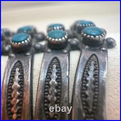 VTG ZUNI Antique Sterling Silver Stamped 5 Row SN EYES Turquoise Cuff Large